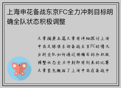 上海申花备战东京FC全力冲刺目标明确全队状态积极调整