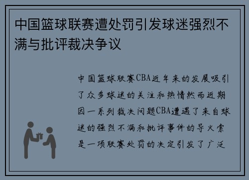 中国篮球联赛遭处罚引发球迷强烈不满与批评裁决争议
