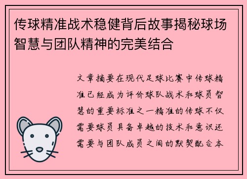 传球精准战术稳健背后故事揭秘球场智慧与团队精神的完美结合