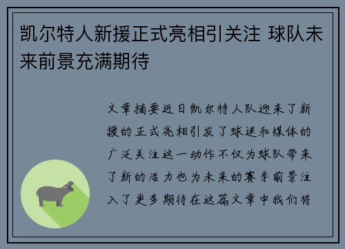 凯尔特人新援正式亮相引关注 球队未来前景充满期待