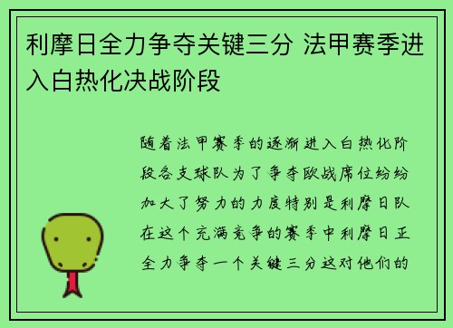利摩日全力争夺关键三分 法甲赛季进入白热化决战阶段