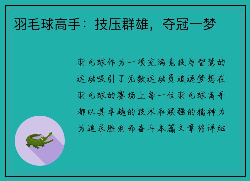 羽毛球高手：技压群雄，夺冠一梦